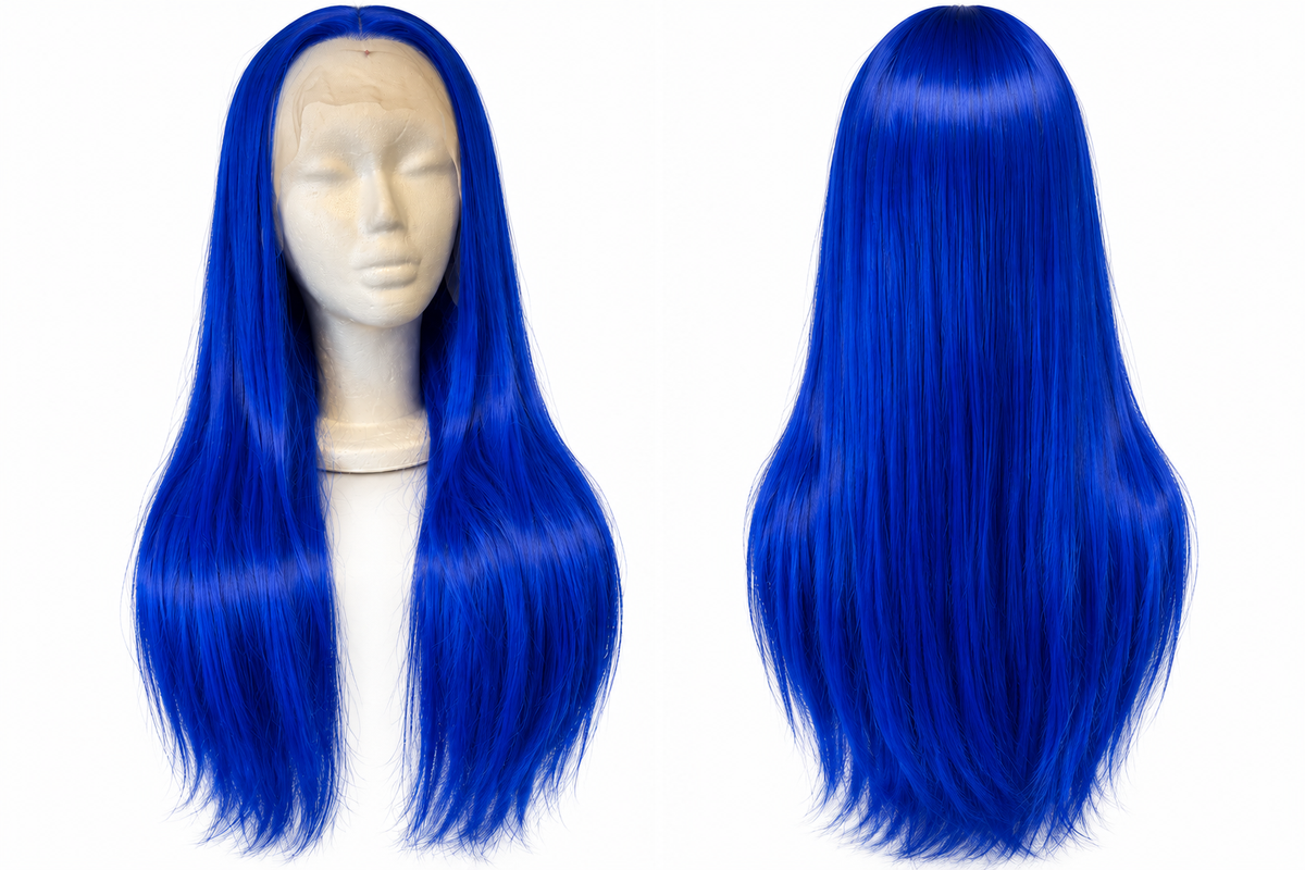 26 Inch Wide Blue Synthetic Lace Front Wig – Long Straight Hair
