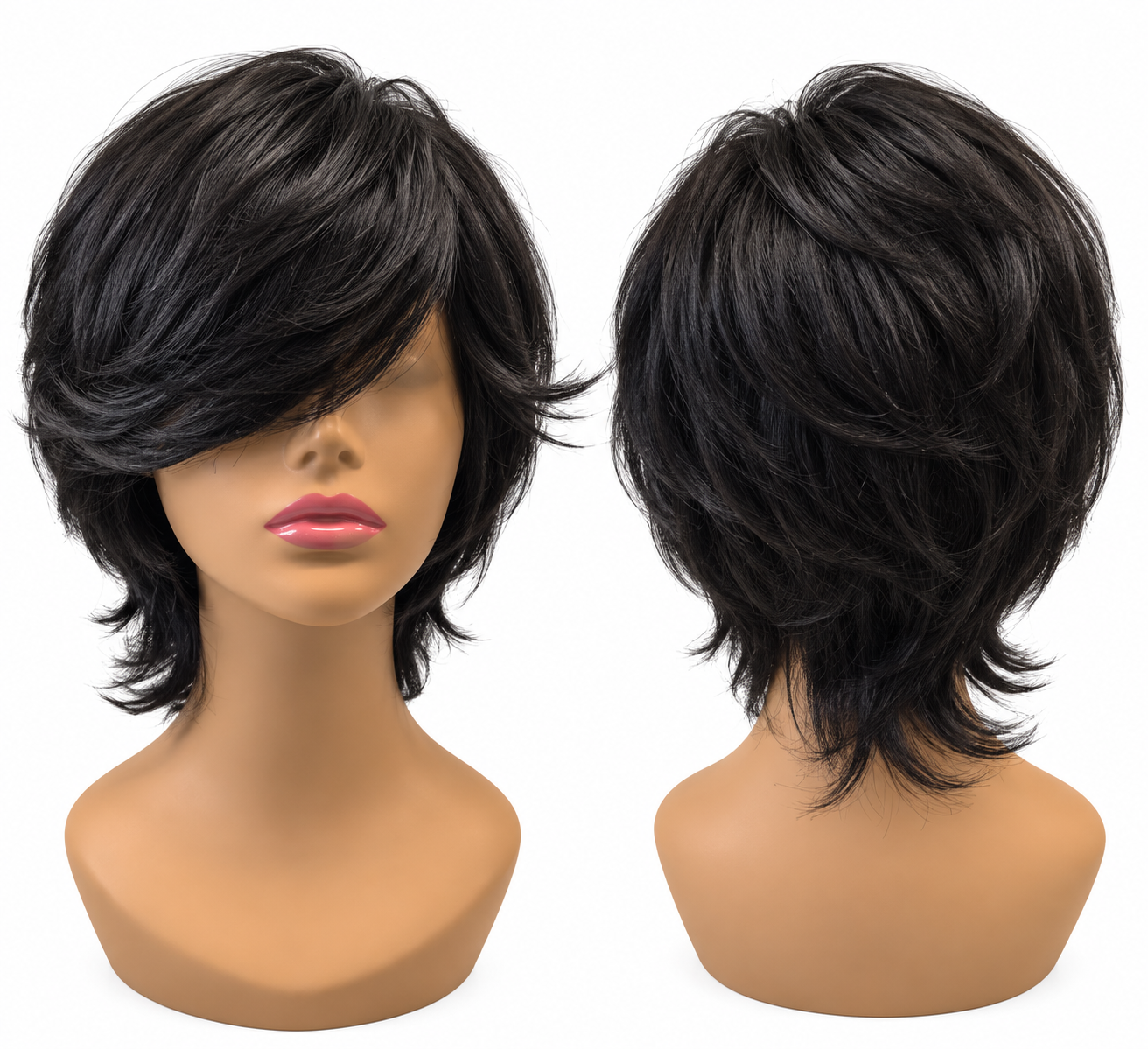 Human Hair Short Layered Bob Wig – Natural Black Side-Swept Style