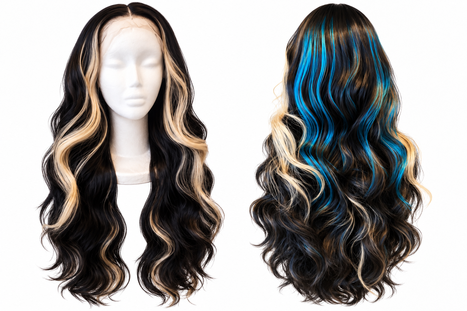 Black Blonde & Blue Wavy Wig – 26 Inch Synthetic