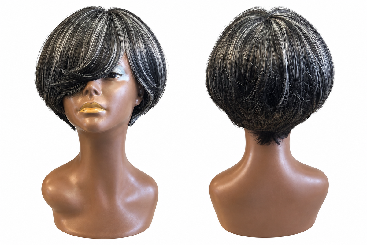 Short Black Bob Wig with Side-Swept Bangs – Synthetic Hair