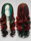 Long Wavy Green & Red Synthetic Lace Front Wig