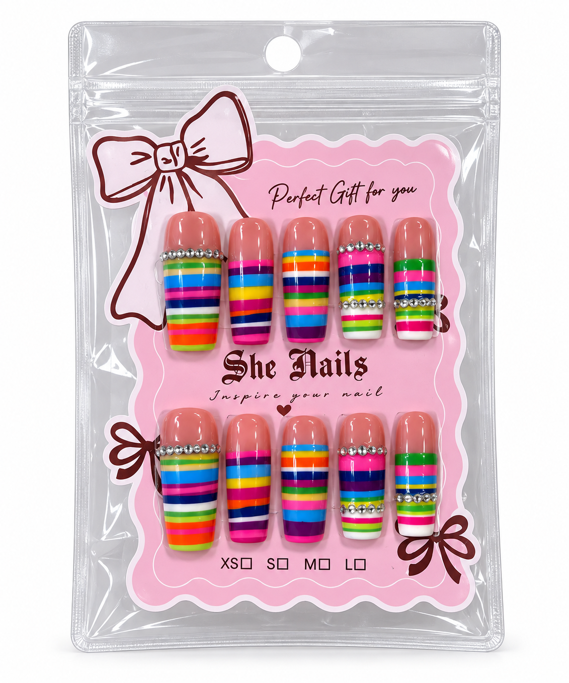 Colorful Striped Rhinestone Press-On Nails