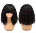 Black Wavy Synthetic Wig with Full Bangs – Medium Length