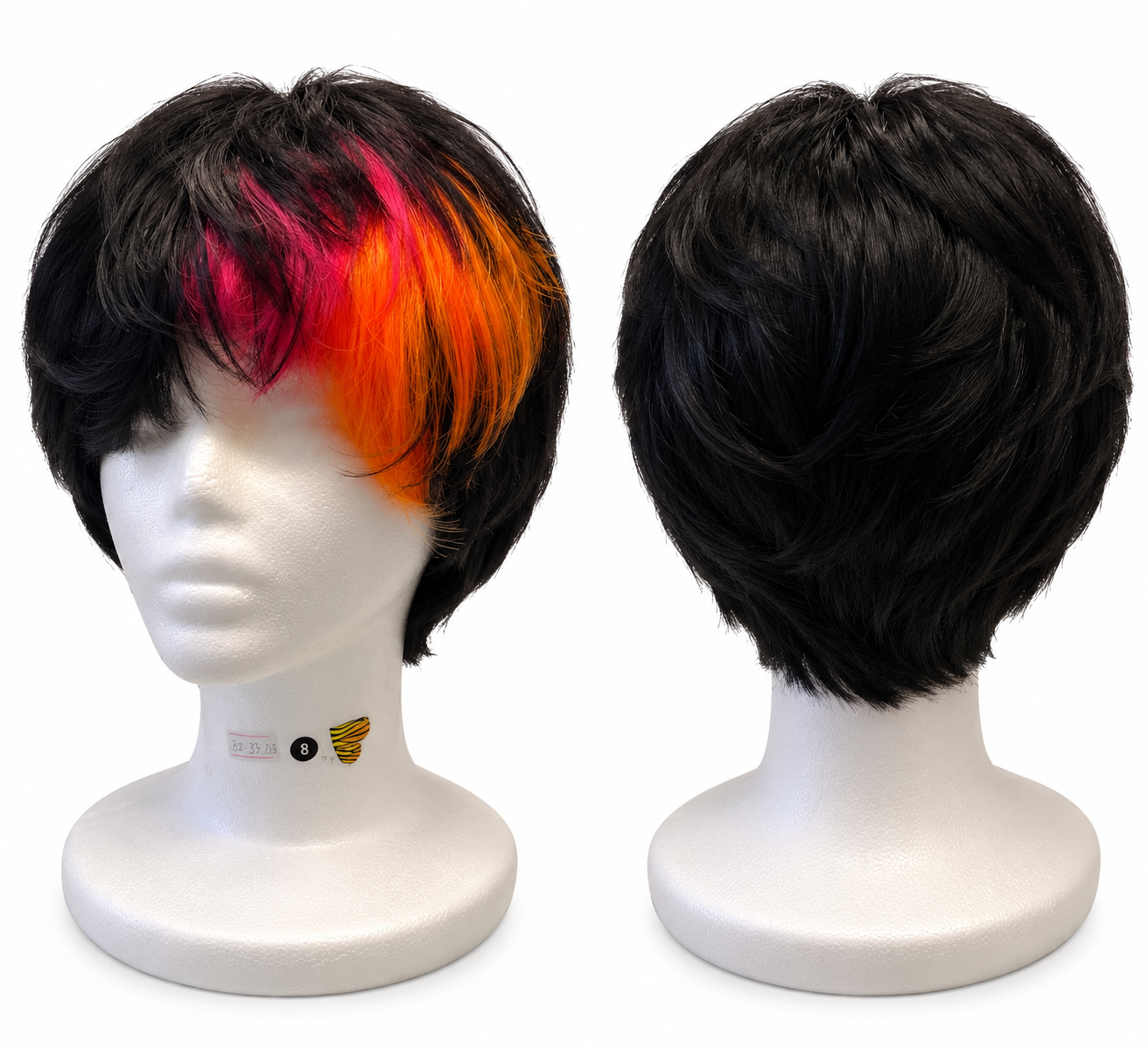 Black Human Hair Short Wig with Pink & Orange Highlights
