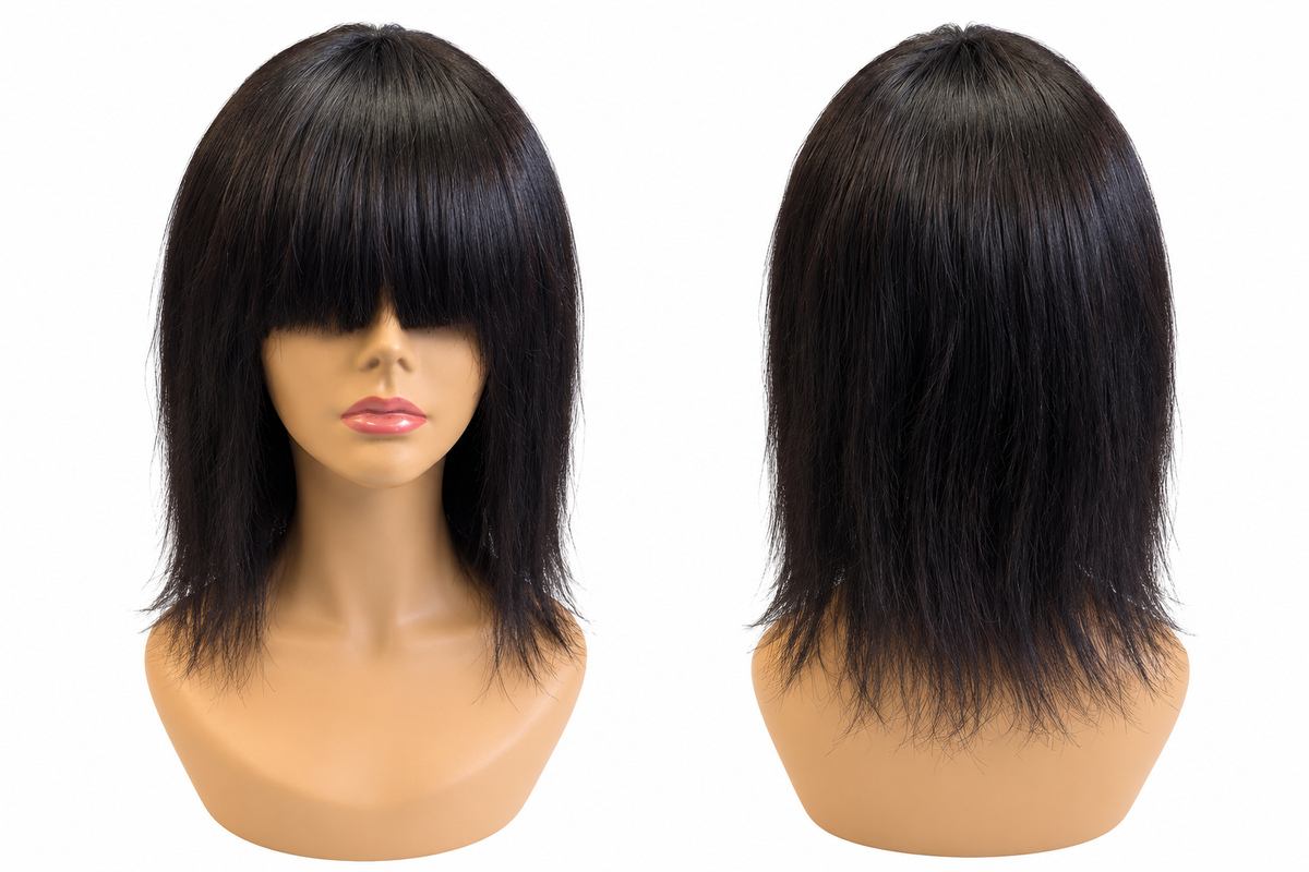 Black Layered Wig with Full Bangs