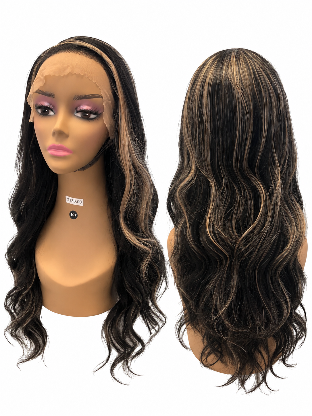 Synthetic Hair Black & Blonde Highlight Lace Wig – Long Wavy
