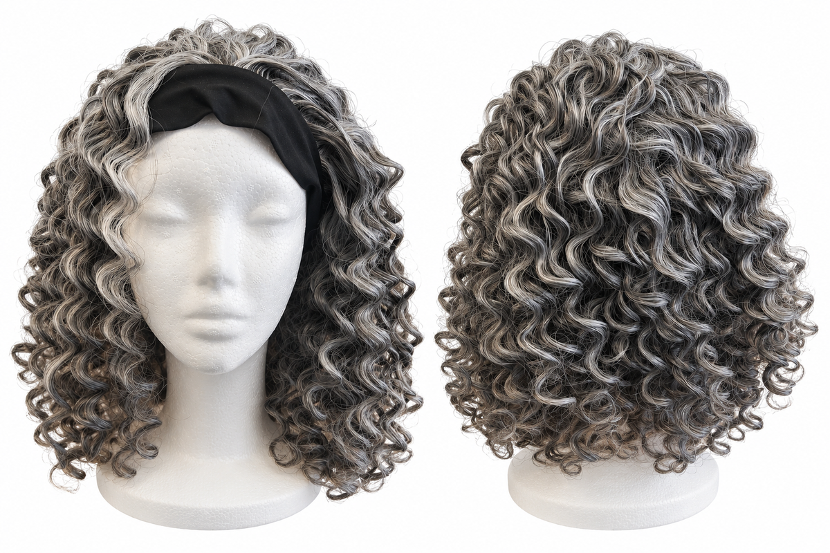 Gray & Black Curly Headband Wig – Synthetic Hair
