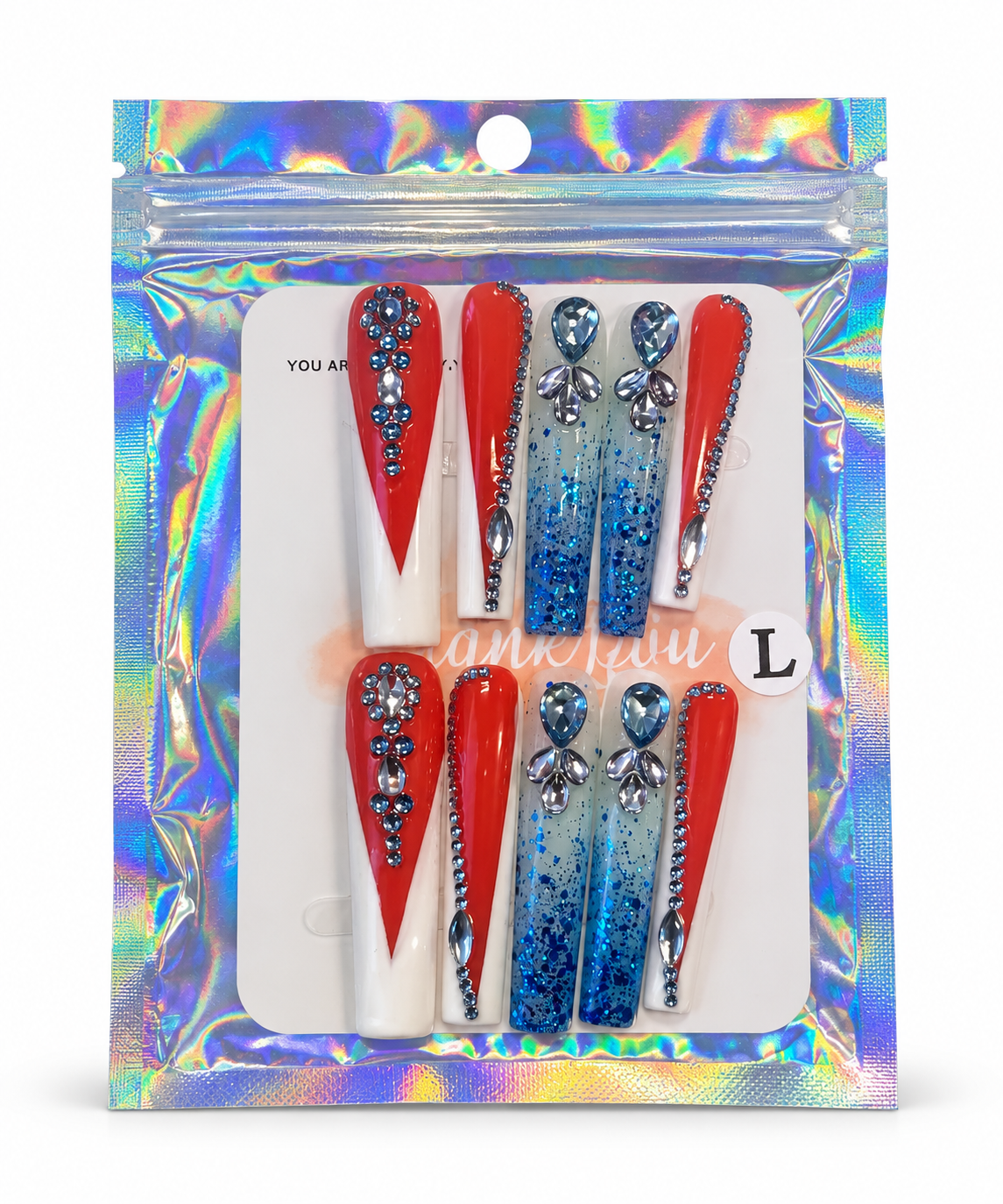 Red & Blue Rhinestone Press-On Nails